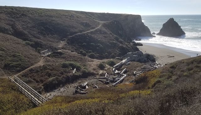 A quiet gulch beach and sea stack along the Kortum Trail on the Sonoma Coast