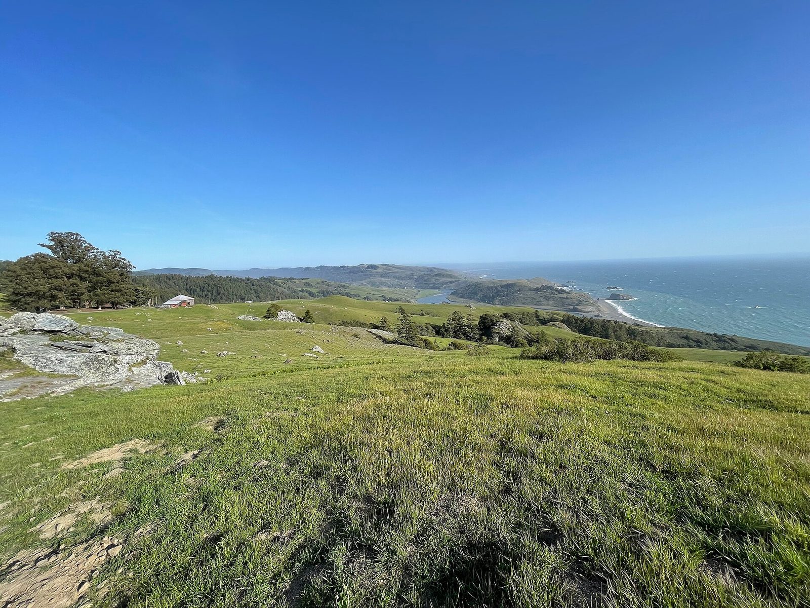 Coastal prairie on the Jenner Headlands rolling down toward the Russian River mouth and the Pacific