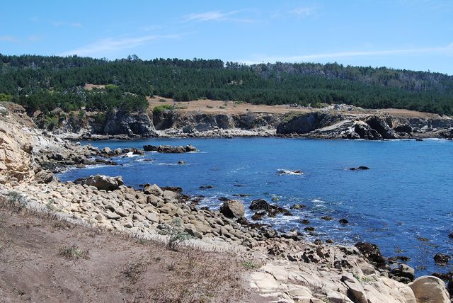 Blue water laps the rocky shoreline of Gerstle Cove