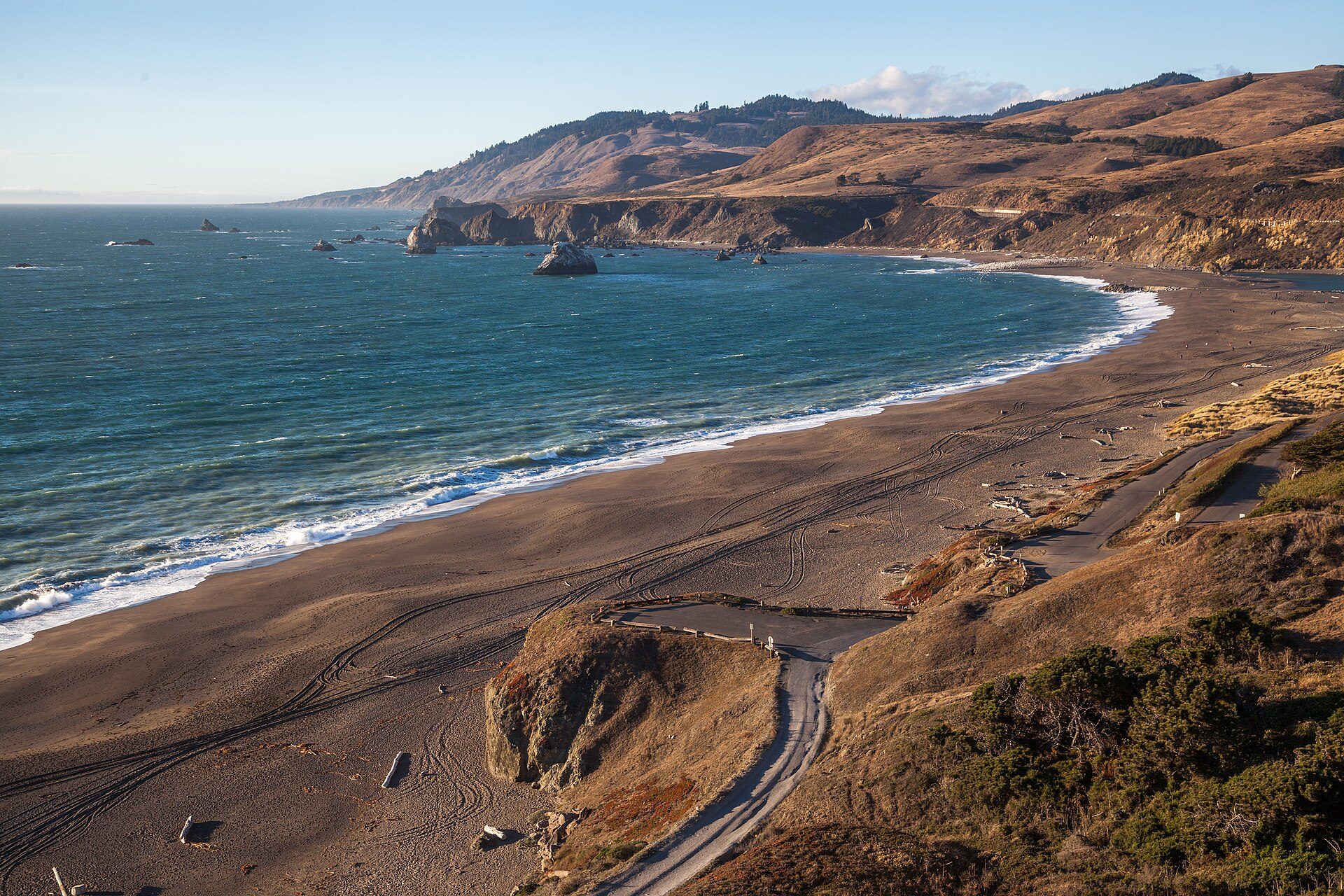 Goat Rock Beach curving south beneath golden hills in late-afternoon light, Sonoma Coast State Park